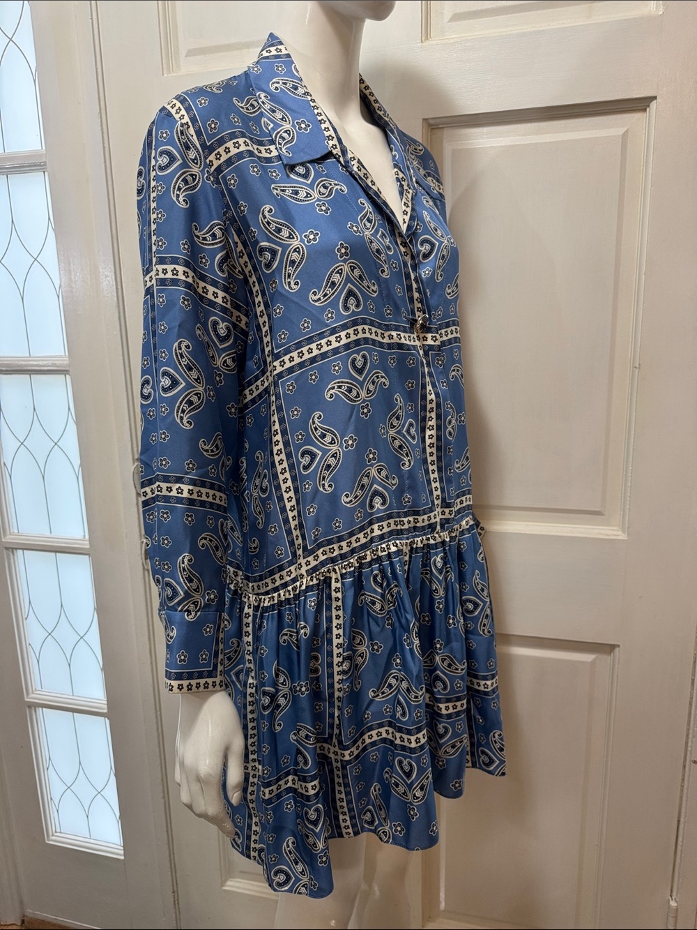 Sandro Blue Paisley Drop-Waist Long-Sleeve Women's Dress - Picture 9 of 16